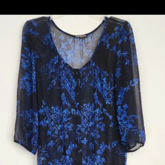 Express Brand Women's Sheer Overlay Dress Blue & Black Print Button-down Size L - Picture 2 of 6